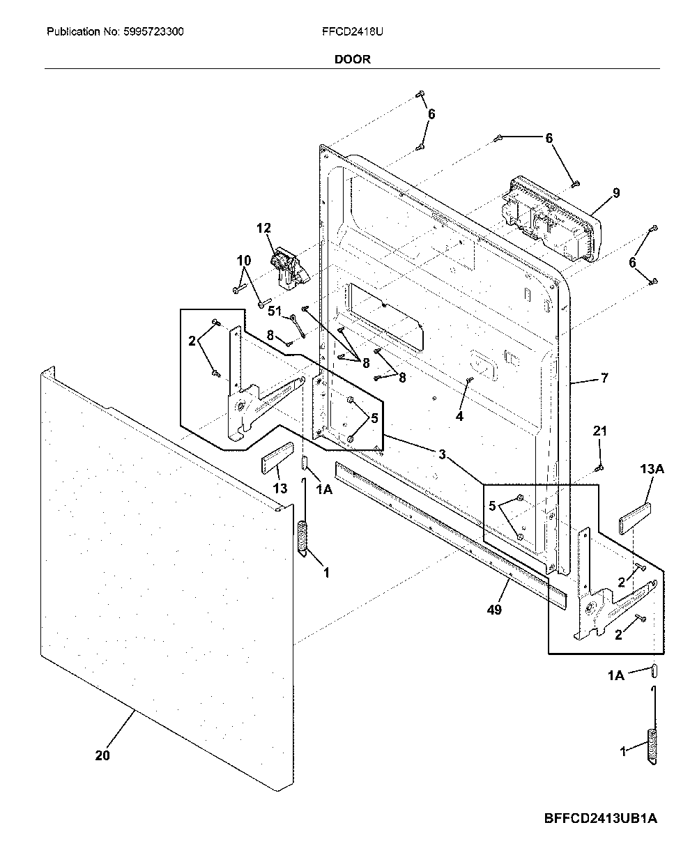 Door Diagram and Parts List for FFCD2418US2A  Frigidaire Dishwasher