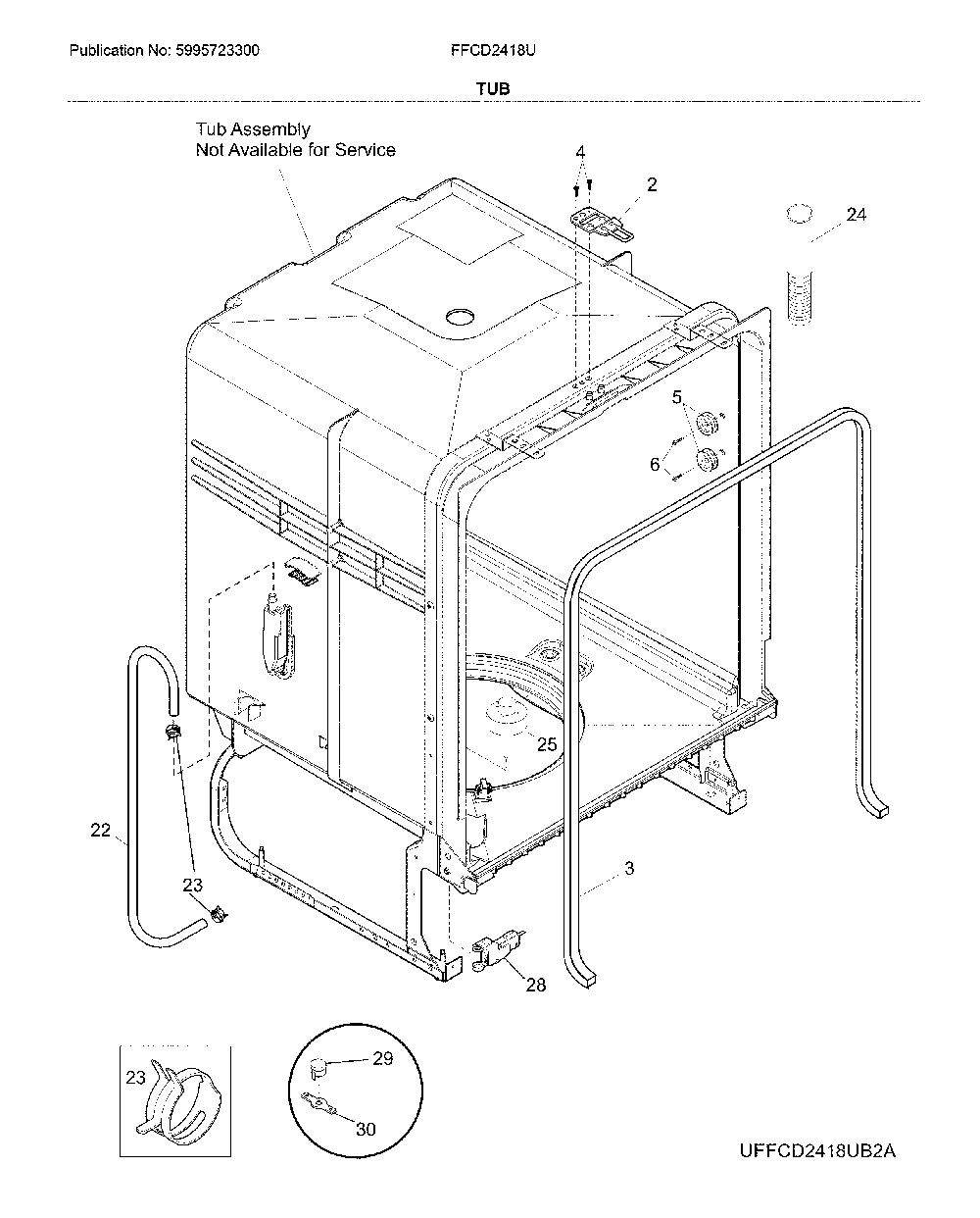 Tub Diagram and Parts List for FFCD2418US2A  Frigidaire Dishwasher