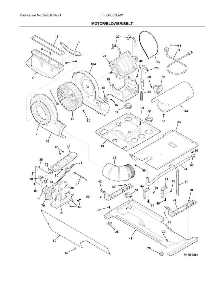 Motor/blower/belt Diagram and Parts List for FFLG4033QW1  Frigidaire Washer Dryer Combo