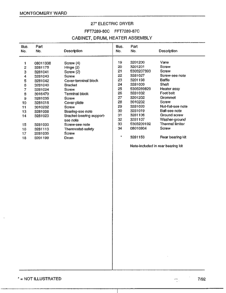 Cabinet, Drum, Heater Assembly Page 2 Diagram and Parts List for 7289-87C  Frigidaire Dryer