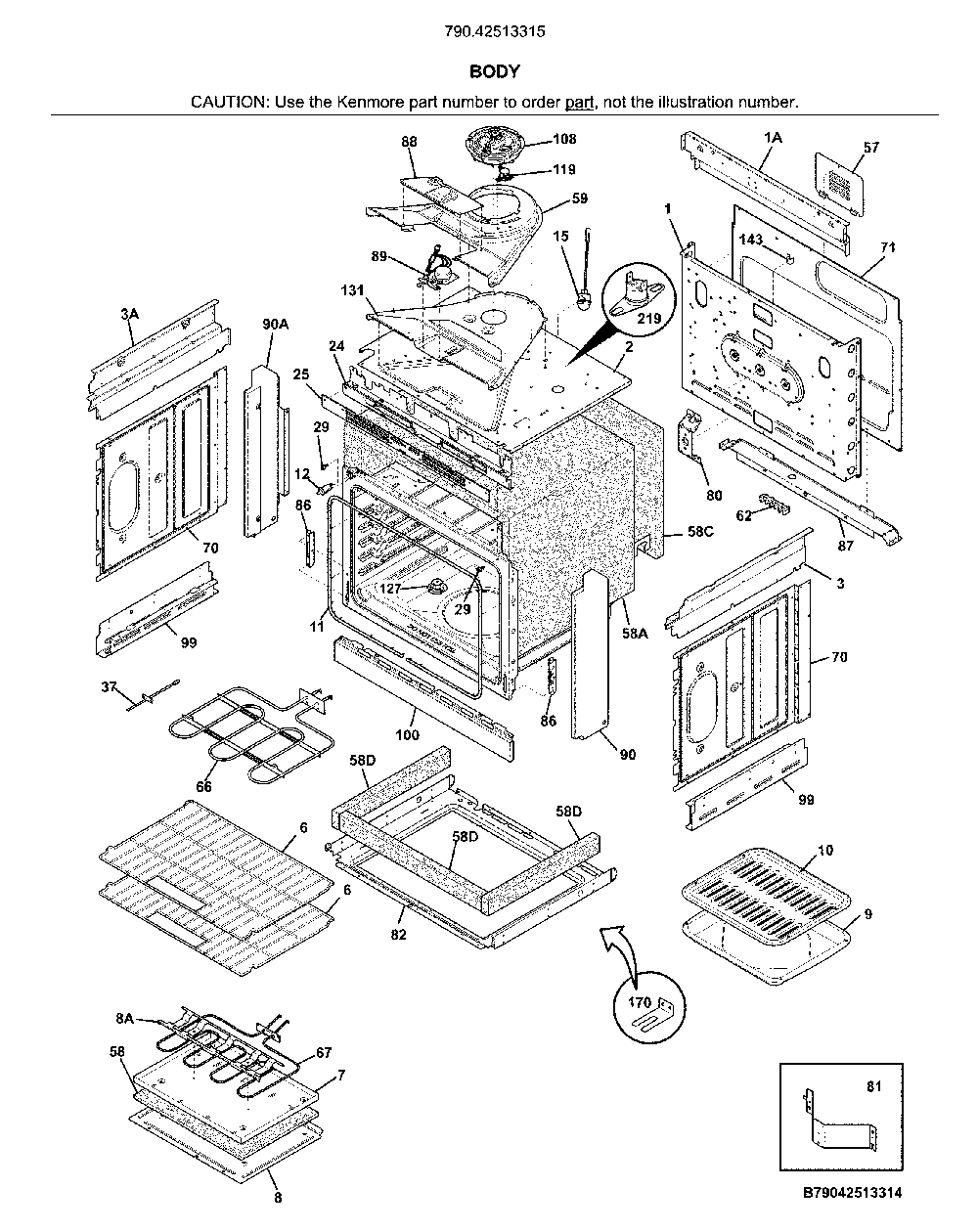 Body Diagram and Parts List for 79042513315  Kenmore Range