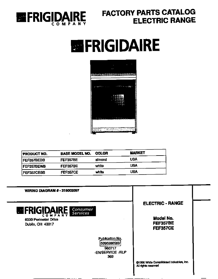 COVER Diagram and Parts List for FEF357CESB  Frigidaire Range