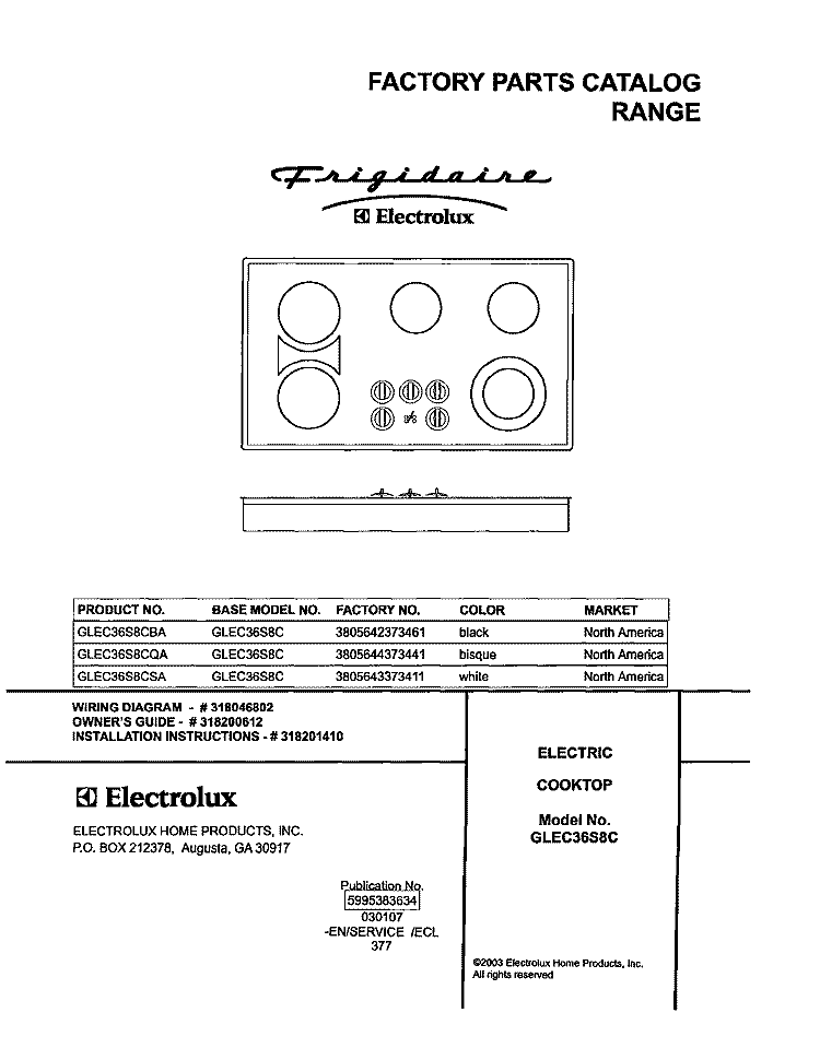 COVER Diagram and Parts List for GLEC36S8CBA  Frigidaire Cooktop
