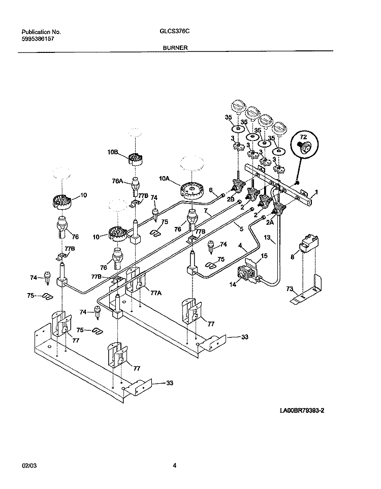 BURNER Diagram and Parts List for GLCS376CSA  Frigidaire Range
