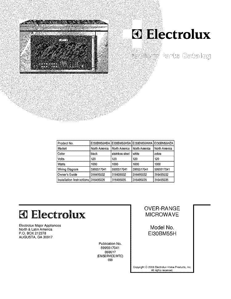 COVER Diagram and Parts List for EI30BM55HSA  Electrolux Microwave