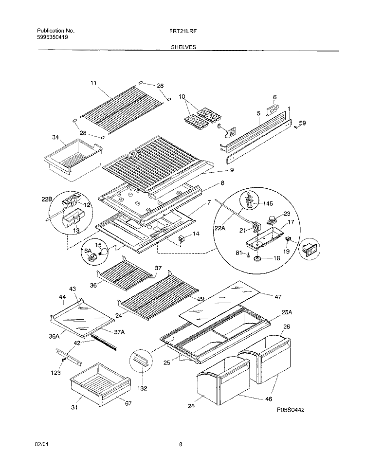 SHELVES / CONTROLS Diagram and Parts List for FRT21LRFW1  Frigidaire Refrigerator