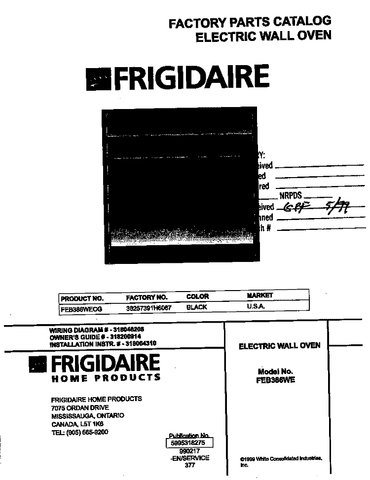COVER Diagram and Parts List for FEB386WECG  Frigidaire Wall Oven