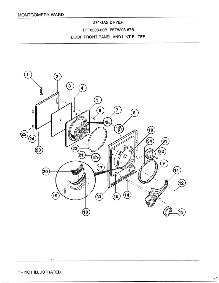 Door Front Panel And Lint Filter Diagram and Parts List for 8208B  Frigidaire Dryer