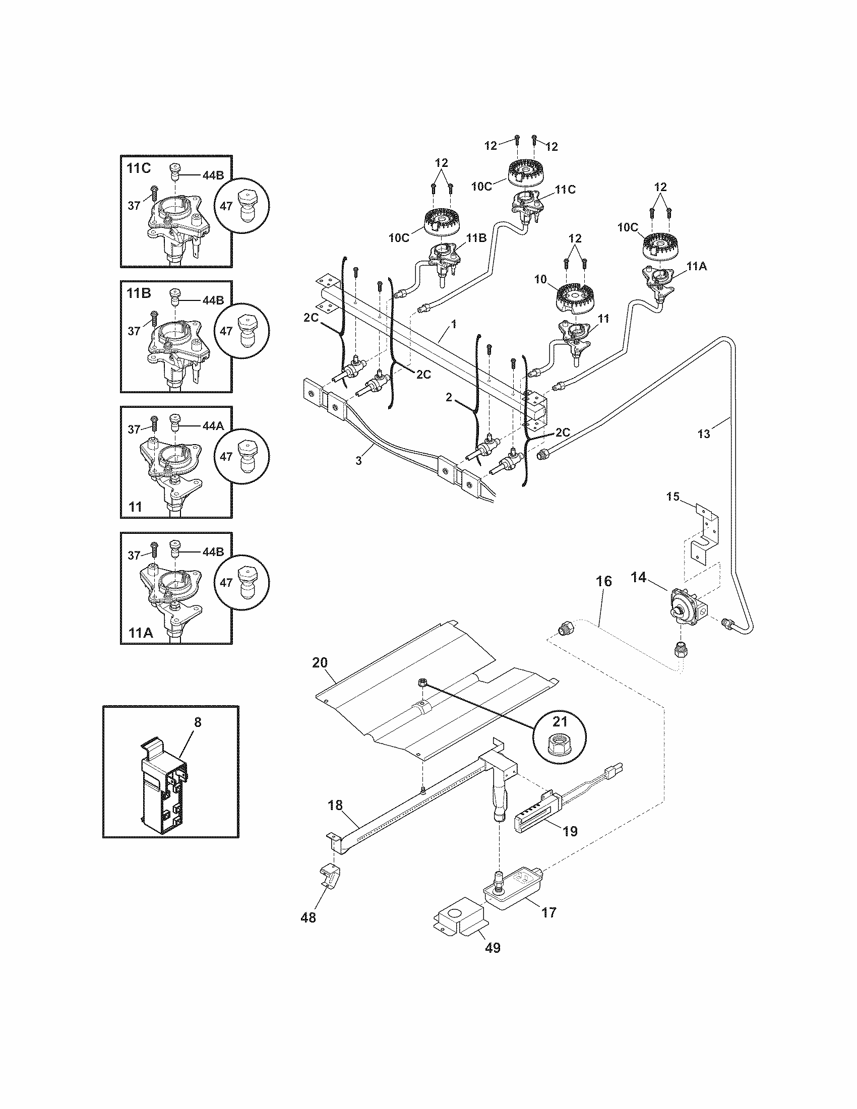 Burner Diagram and Parts List for 79073232310  Kenmore Range