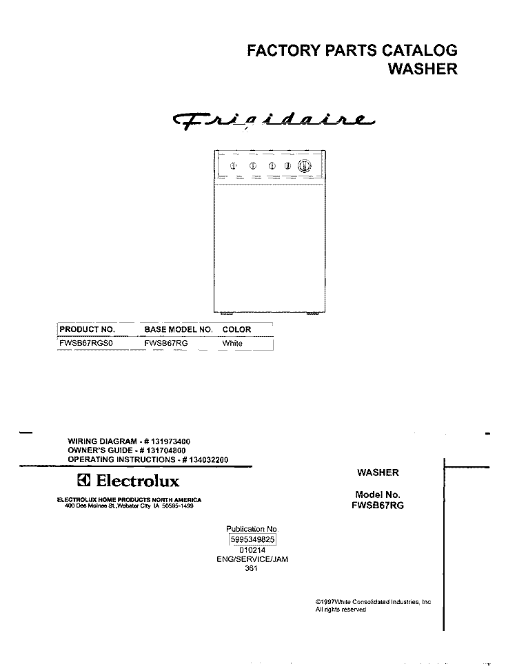 COVER Diagram and Parts List for FWSB67RGS0  Frigidaire Washer
