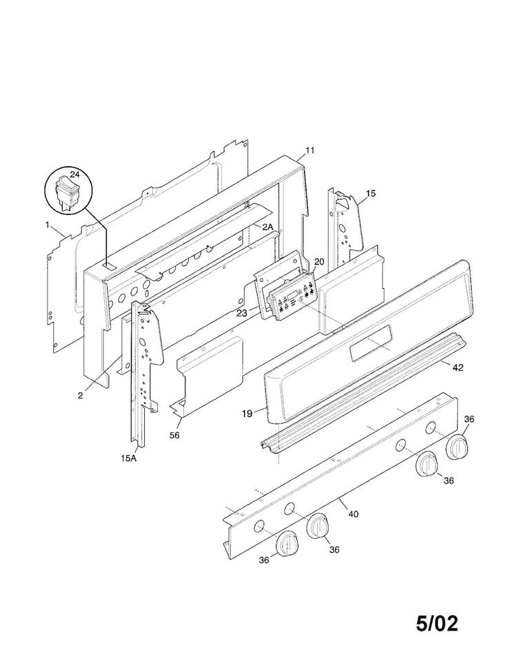 Backguard Diagram and Parts List for FGFB74BJBA  Frigidaire Range