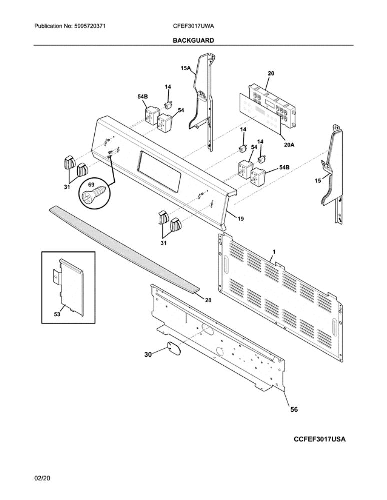 Backguard Diagram and Parts List for CFEF3017UWA  Frigidaire Range