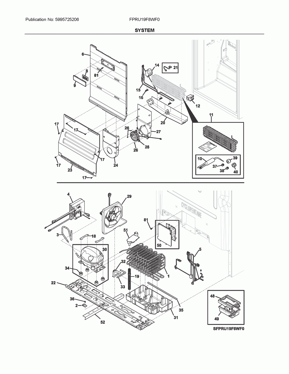 System Diagram and Parts List for FPRU19F8WF0  Frigidaire Refrigerator
