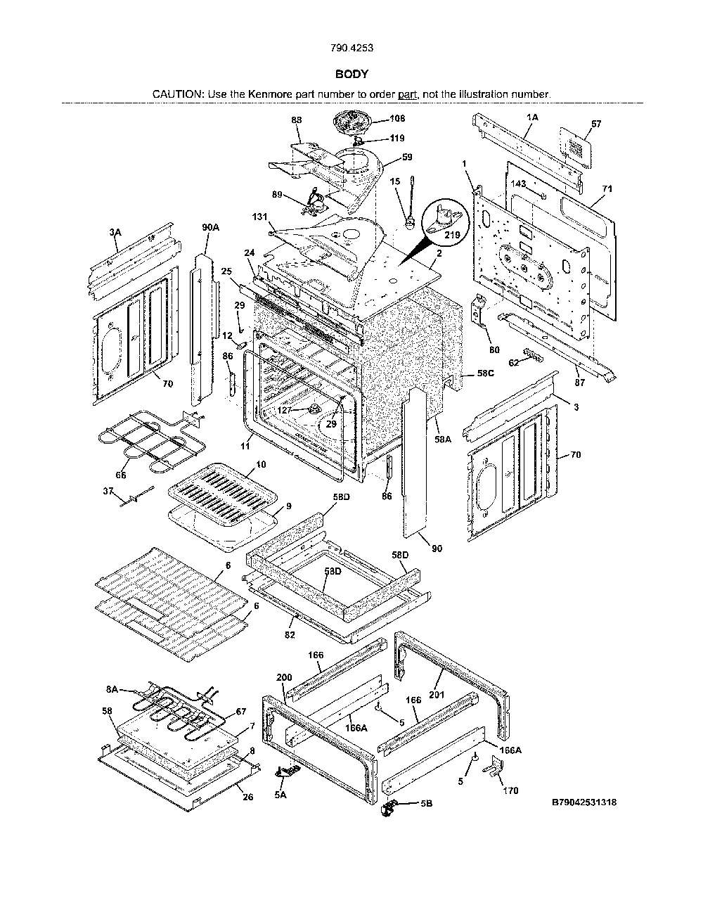 Body Diagram and Parts List for 79042532317  Kenmore Range