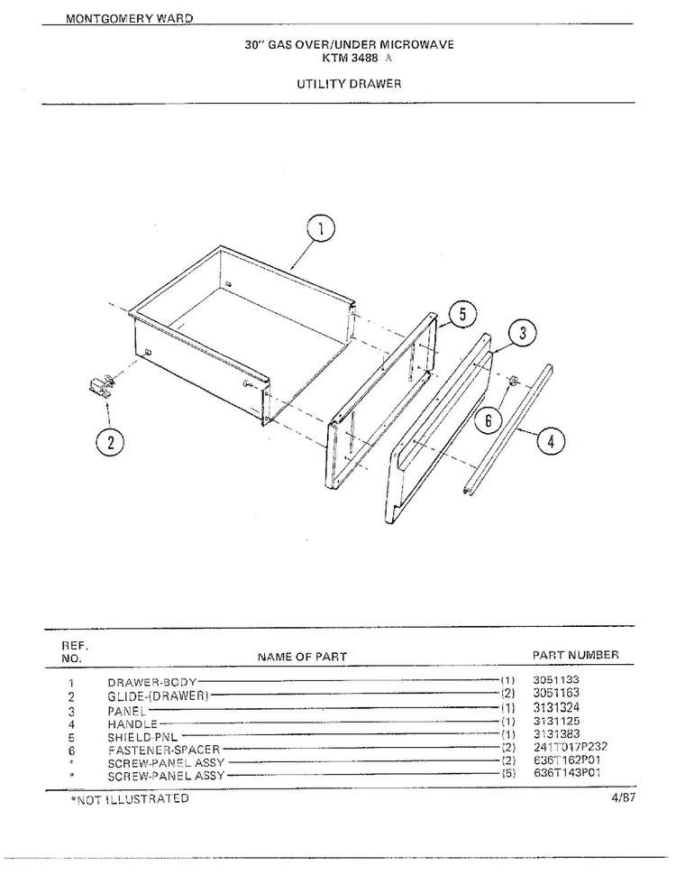 30" Over/under Utility Drawer Diagram and Parts List for 3488A  Frigidaire Range