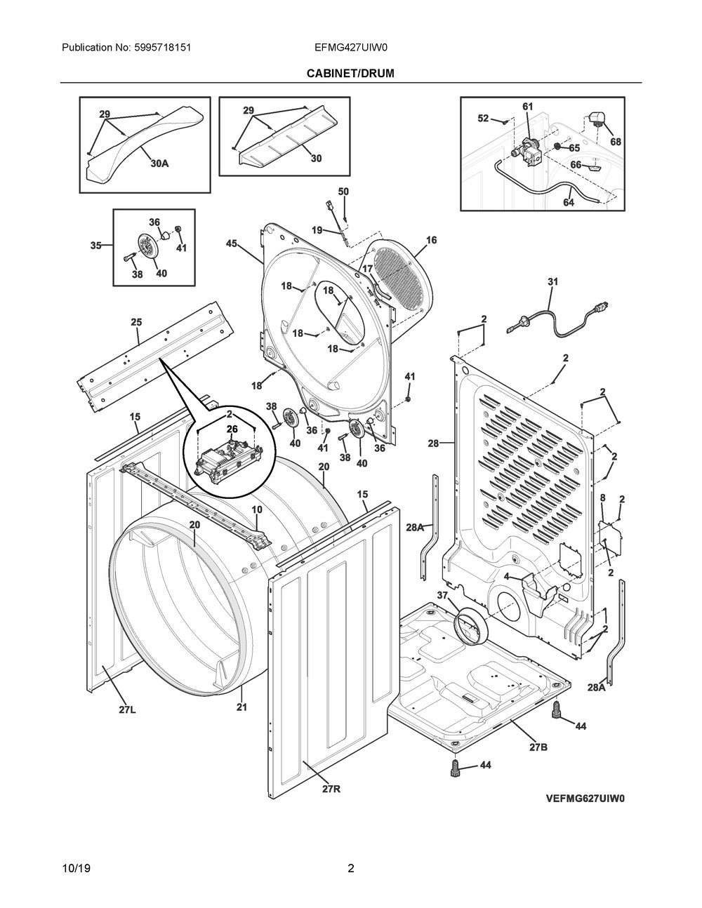 Cabinet/drum Diagram and Parts List for EFMG427UIW0  Frigidaire Dryer