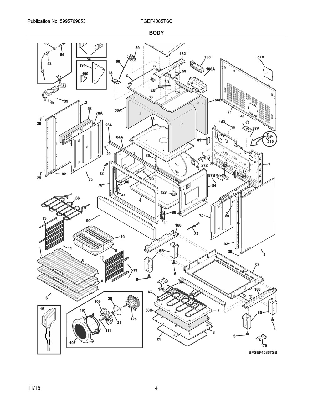 Body Diagram and Parts List for FGEF4085TSC  Frigidaire Range