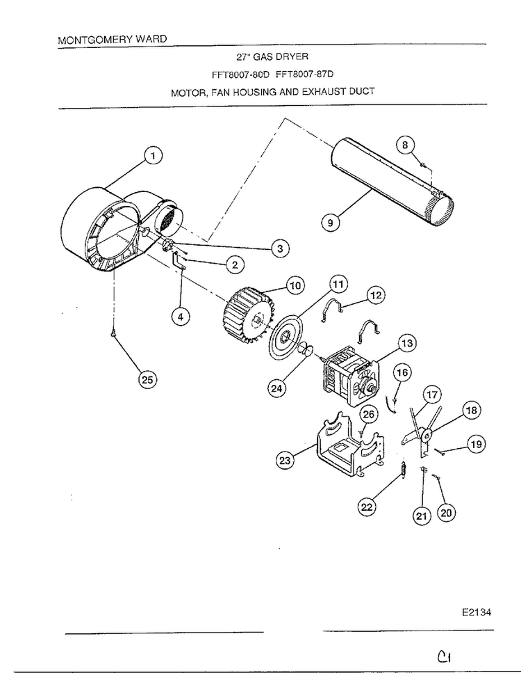 Motor/fan Housing/exhaust Duct Diagram and Parts List for 8007-87D  Frigidaire Dryer
