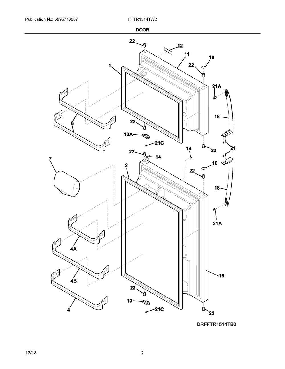 Door Diagram and Parts List for FFTR1514TW2  Frigidaire Refrigerator