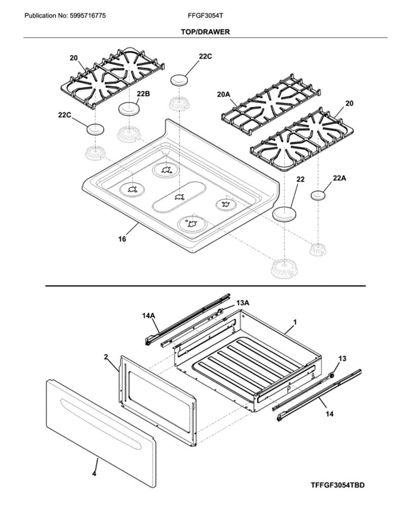 Top/Drawer Diagram and Parts List for FFGF3054TWE  Frigidaire Range