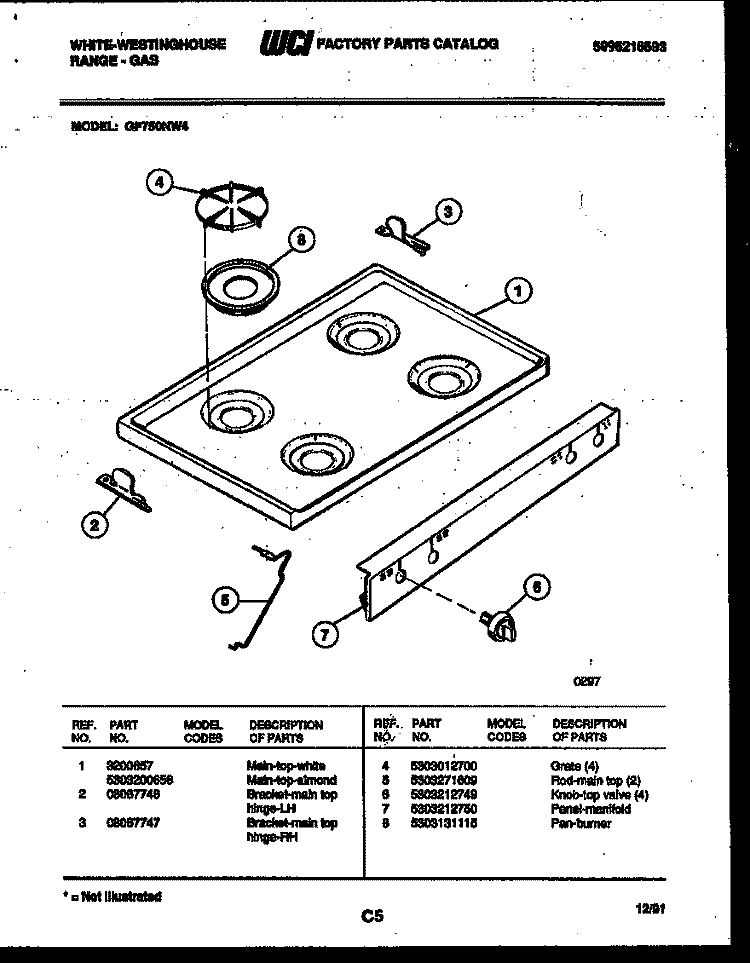 COOKTOP PARTS Diagram and Parts List for GF750ND4  Frigidaire Range