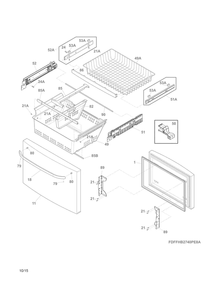 Freezer Drawer, Baskets Diagram and Parts List for FFHB2740PE9A  Frigidaire Refrigerator
