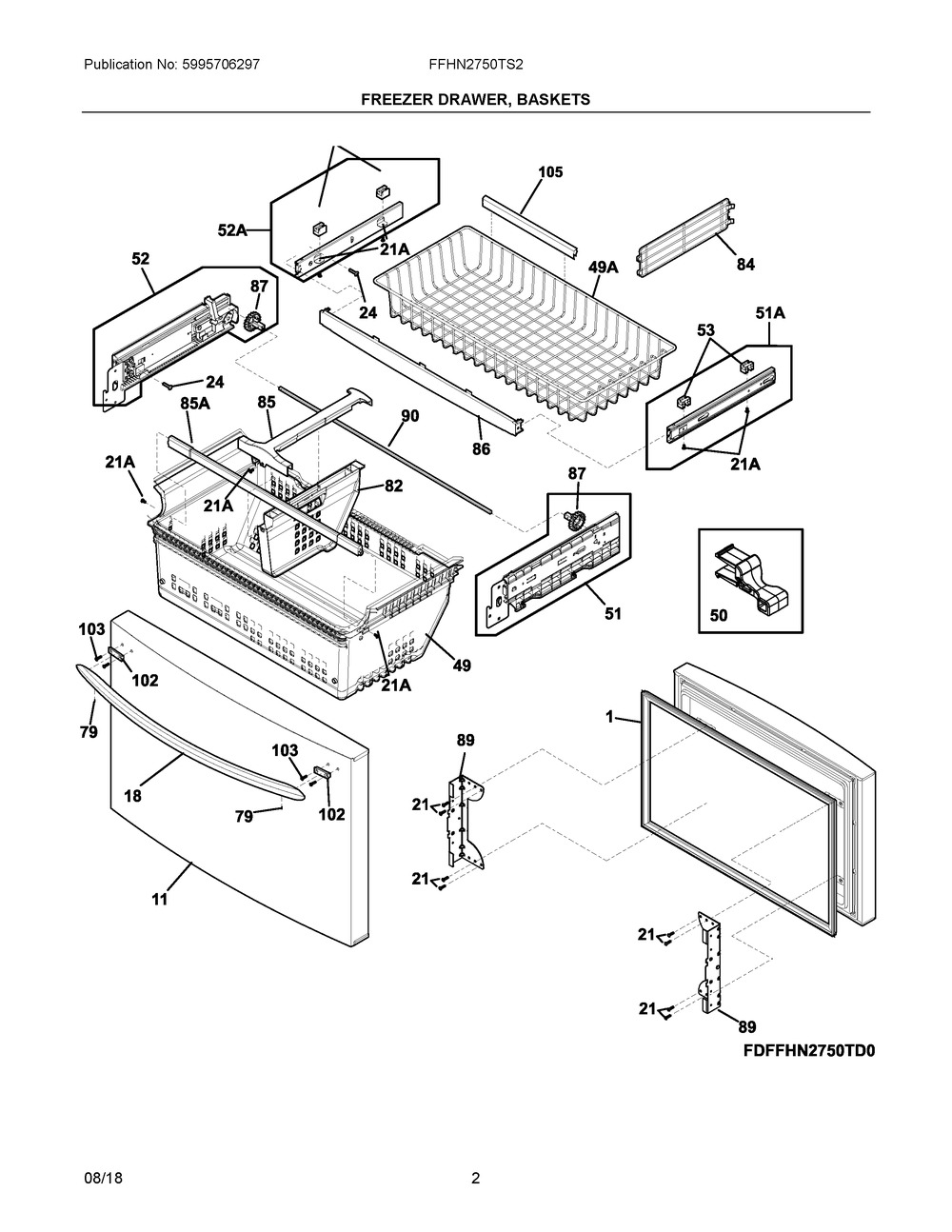 Freezer Drawer, Baskets Diagram and Parts List for FFHN2750TS2  Frigidaire Refrigerator