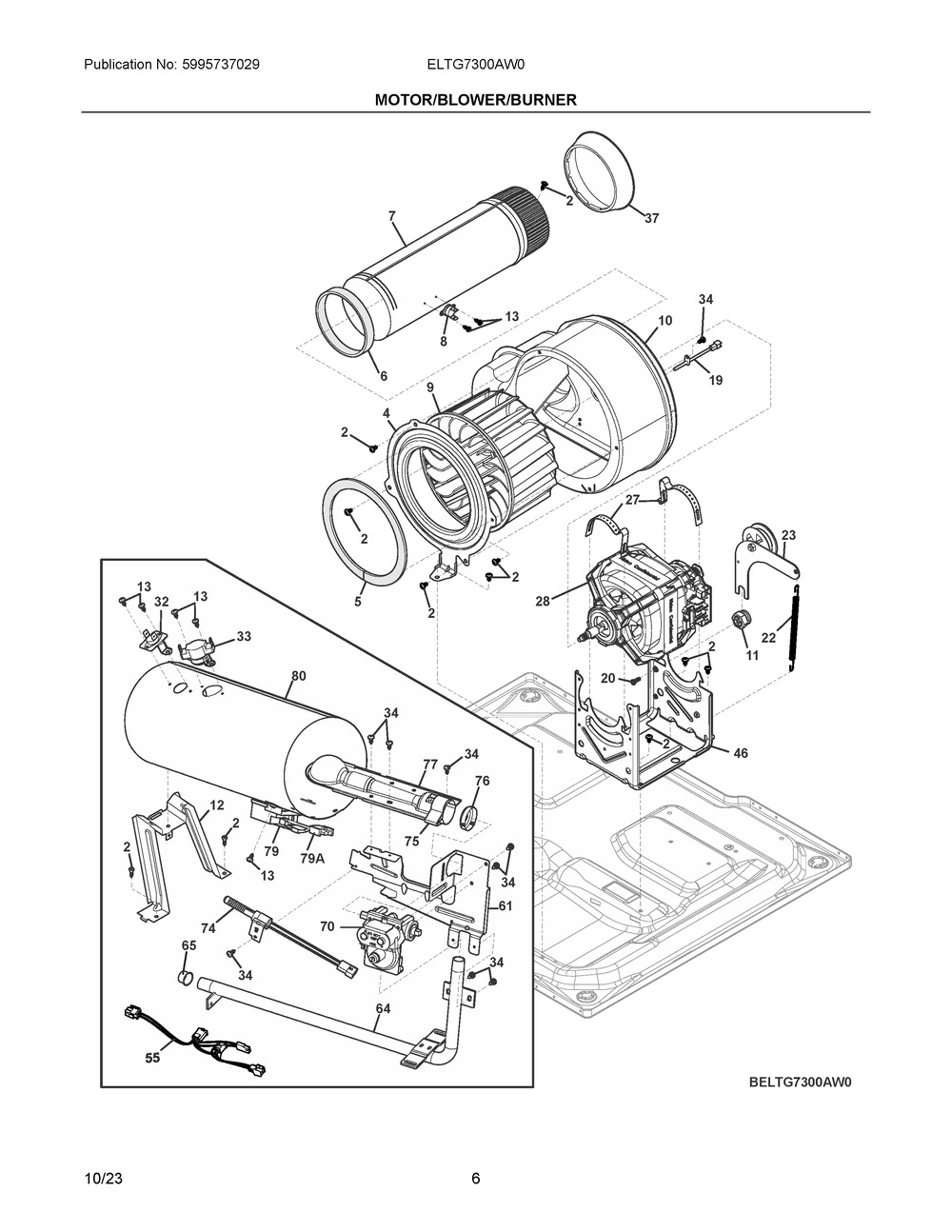 Motor/Blower/Burner Diagram and Parts List for ELTG7300AW0  Frigidaire Washer Dryer Combo