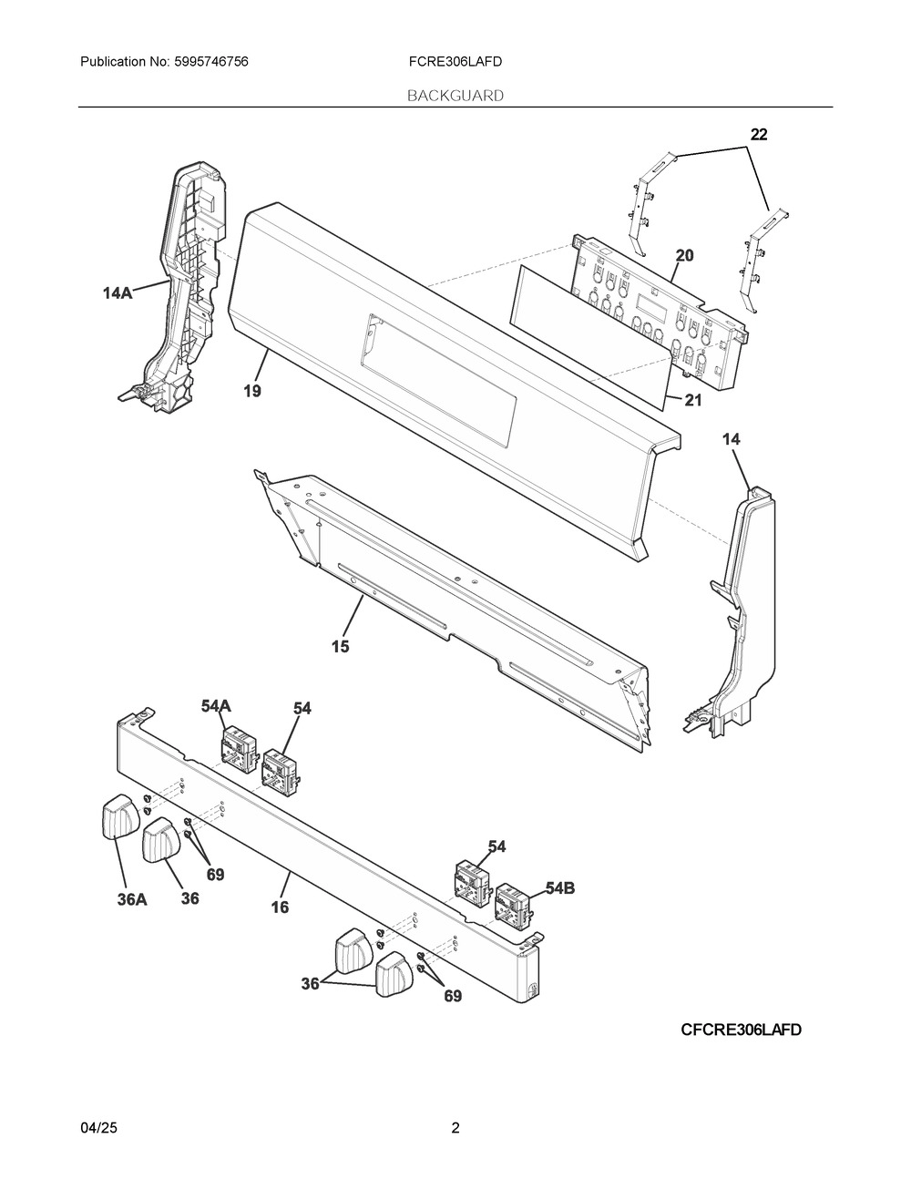 Backguard Diagram and Parts List for FCRE306LAFD  Frigidaire Range