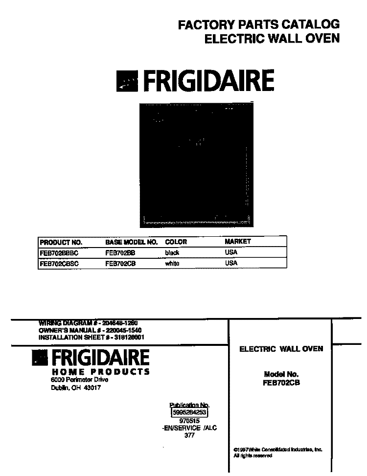 COVER Diagram and Parts List for FEB702BBBC  Frigidaire Wall Oven
