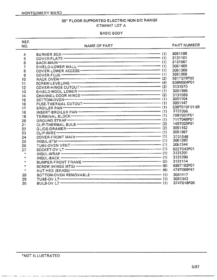 30" Floor Supported Elec Basic Body Page 2 Diagram and Parts List for 4447A  Frigidaire Range