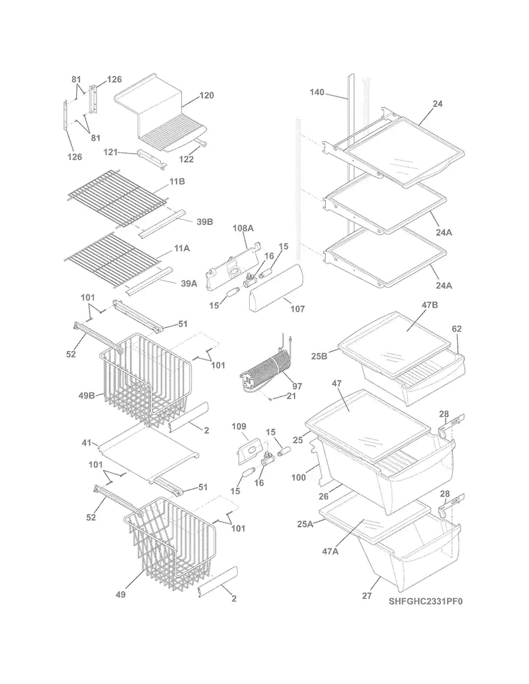 Shelves Diagram and Parts List for FGHC2331PF2  Frigidaire Refrigerator
