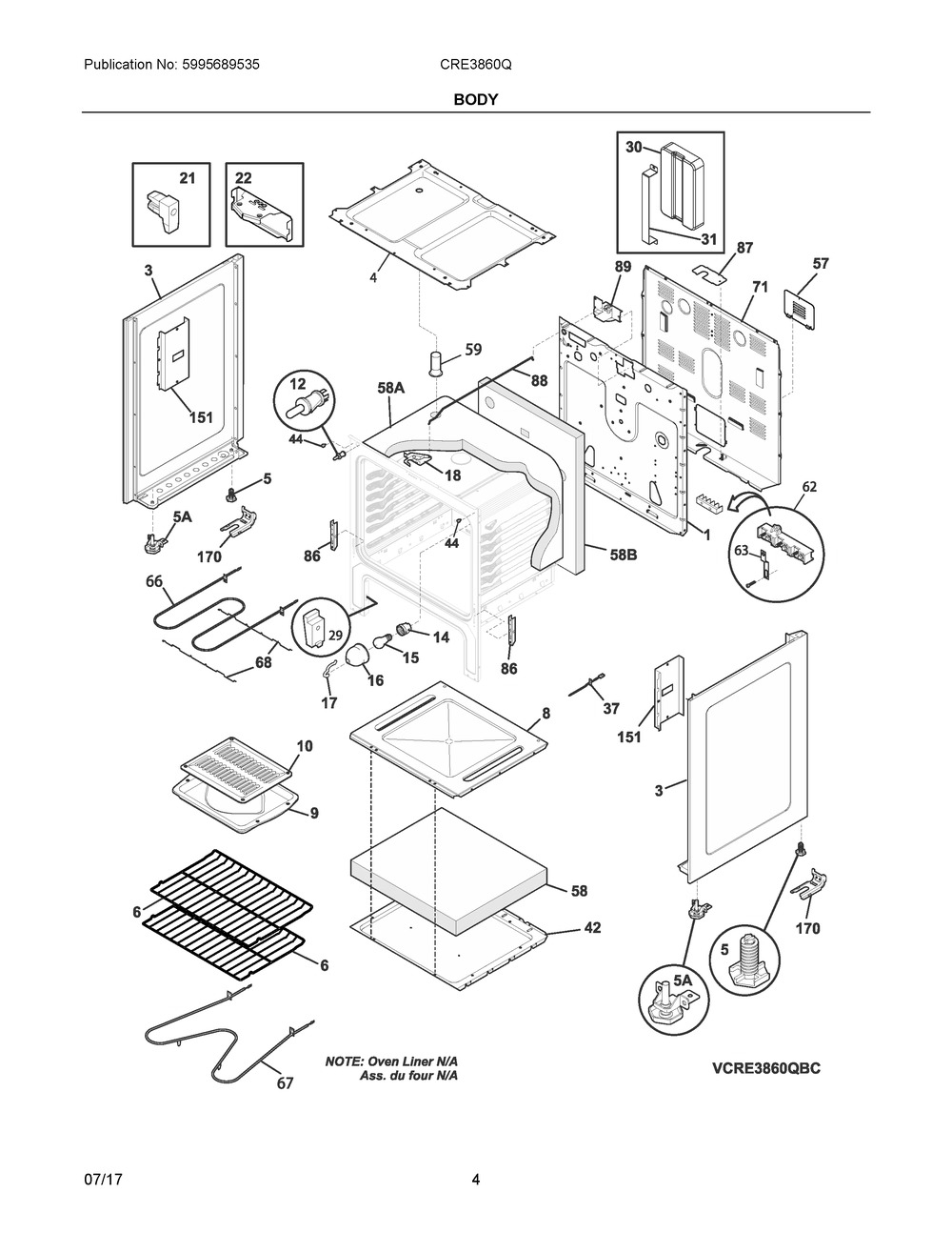 Body Diagram and Parts List for CRE3860QBC  Frigidaire Range