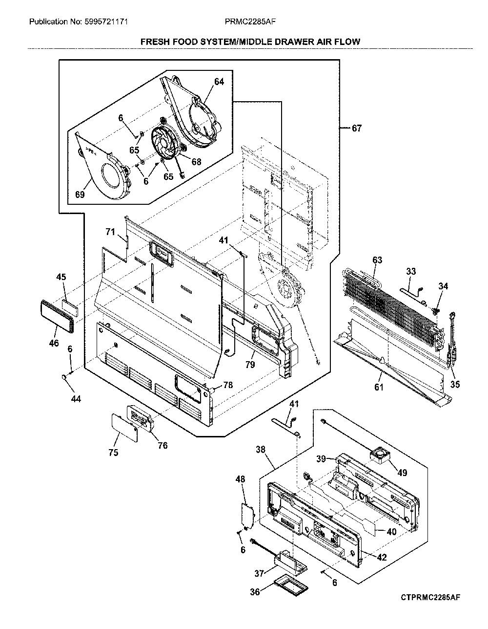 Fresh food system/middle drawer air flow Diagram and Parts List for PRMC2285AF  Frigidaire Refrigerator