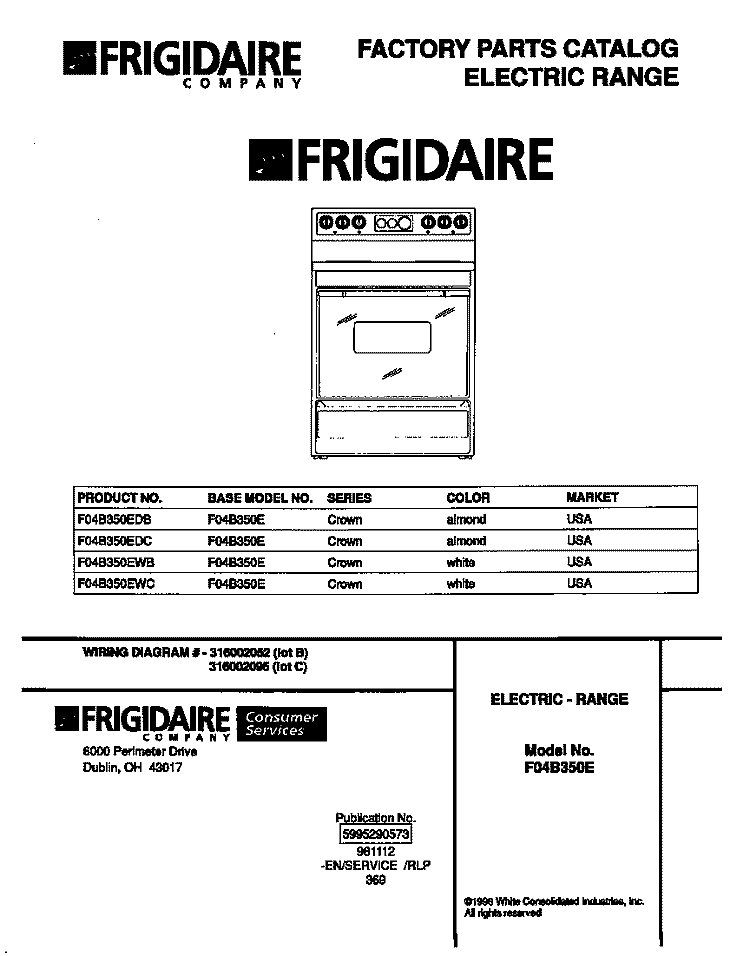 COVER Diagram and Parts List for F04B350EDC  Frigidaire Range