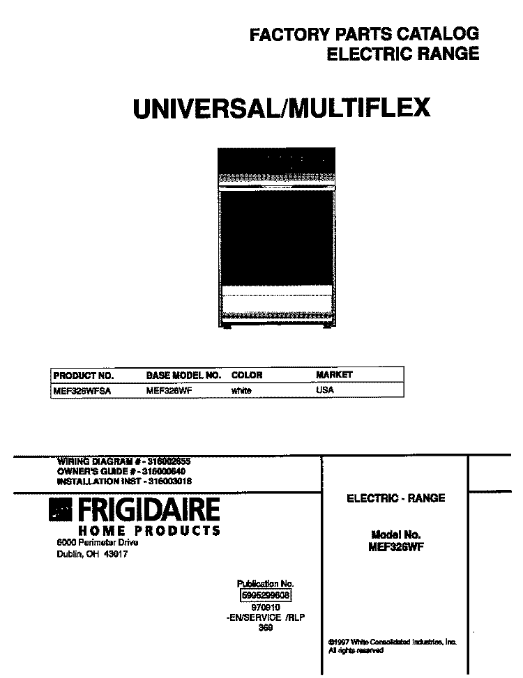 COVER Diagram and Parts List for MEF326WFSA  Frigidaire Range