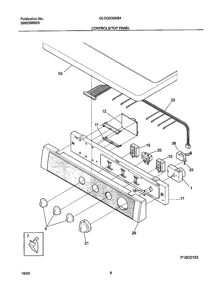 CONTROLS / TOP PANEL Diagram and Parts List for GLGQ332AS4  Frigidaire Dryer