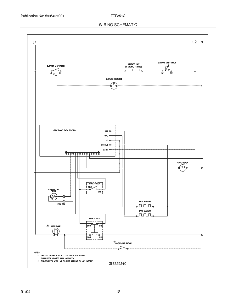 WIRING SCHEMATIC Diagram and Parts List for FEF351CUB  Frigidaire Range