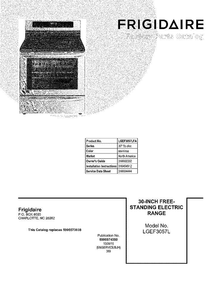 COVER Diagram and Parts List for LGEF3057LFA  Frigidaire Range