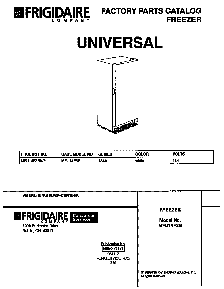 COVER Diagram and Parts List for MFU14F3BW3  Frigidaire Freezer