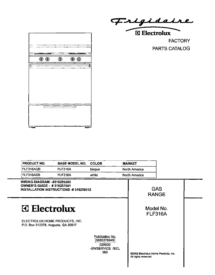 COVER Diagram and Parts List for FLF316AQB  Frigidaire Range