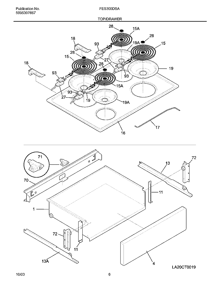 TOP / DRAWER Diagram and Parts List for FES300DSA  Frigidaire Range