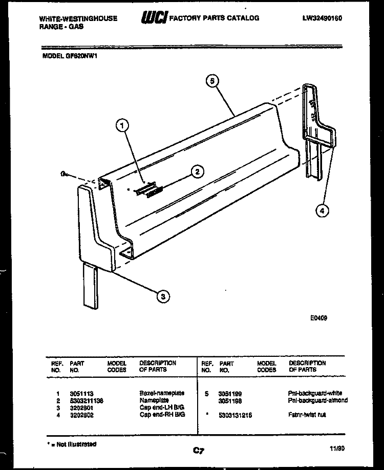 BACKGUARD Diagram and Parts List for GF620ND1  Frigidaire Range