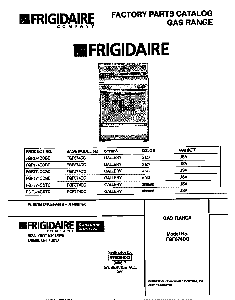 COVER Diagram and Parts List for FGF374CCSD  Frigidaire Range