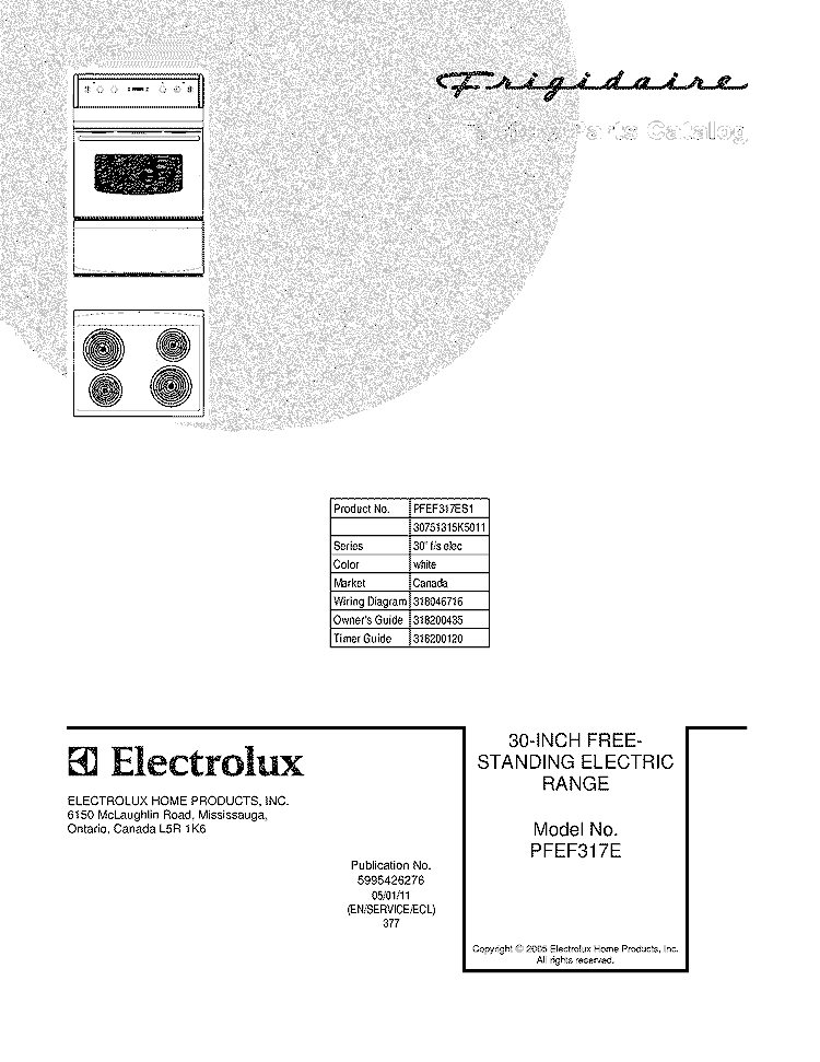 COVER Diagram and Parts List for PFEF317ES1  Frigidaire Range