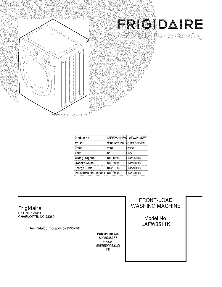 COVER Diagram and Parts List for LAFW3511KW0  Frigidaire Washer