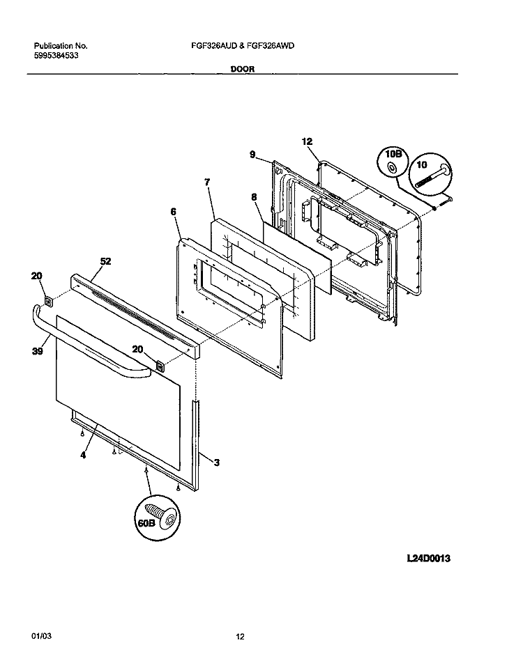 DOOR Diagram and Parts List for FGF326AUD  Frigidaire Range