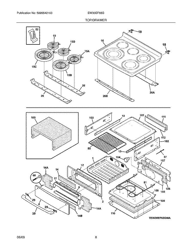 TOP/DRAWER Diagram and Parts List for EW30EF65GWD  Electrolux Range