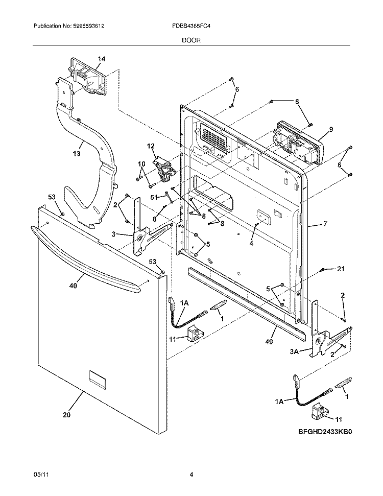 DOOR Diagram and Parts List for FDBB4365FC4  Frigidaire Dishwasher
