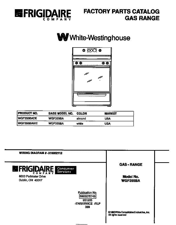 COVER Diagram and Parts List for WGF355BAWE  Frigidaire Range